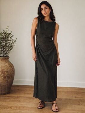Zara Olive Green Sleeveless Linen Blend Maxi Dress Size Large